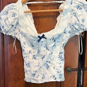 Reformation Alice linen lace trim puff sleeve crop top blouse in orlaya size 0